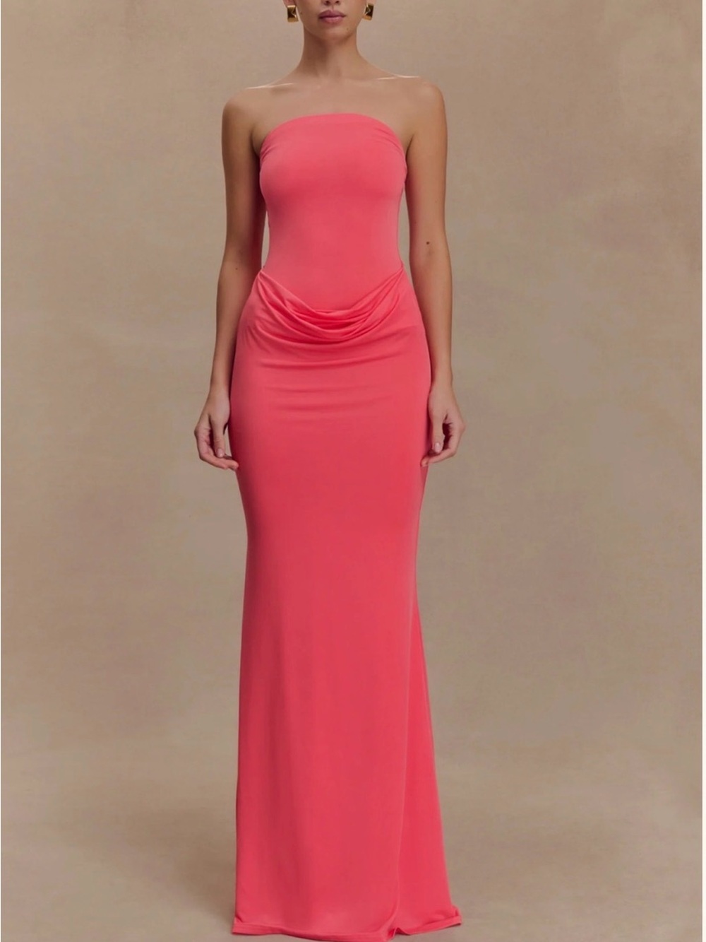 Meshki Strapless Coral Dress with Draped Waist